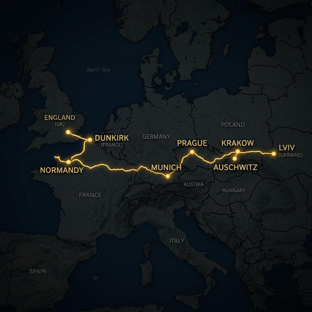 Cinematic map showing the TANK: London to Lviv route from England through France, Germany, Czech Republic, Poland to Lviv Ukraine